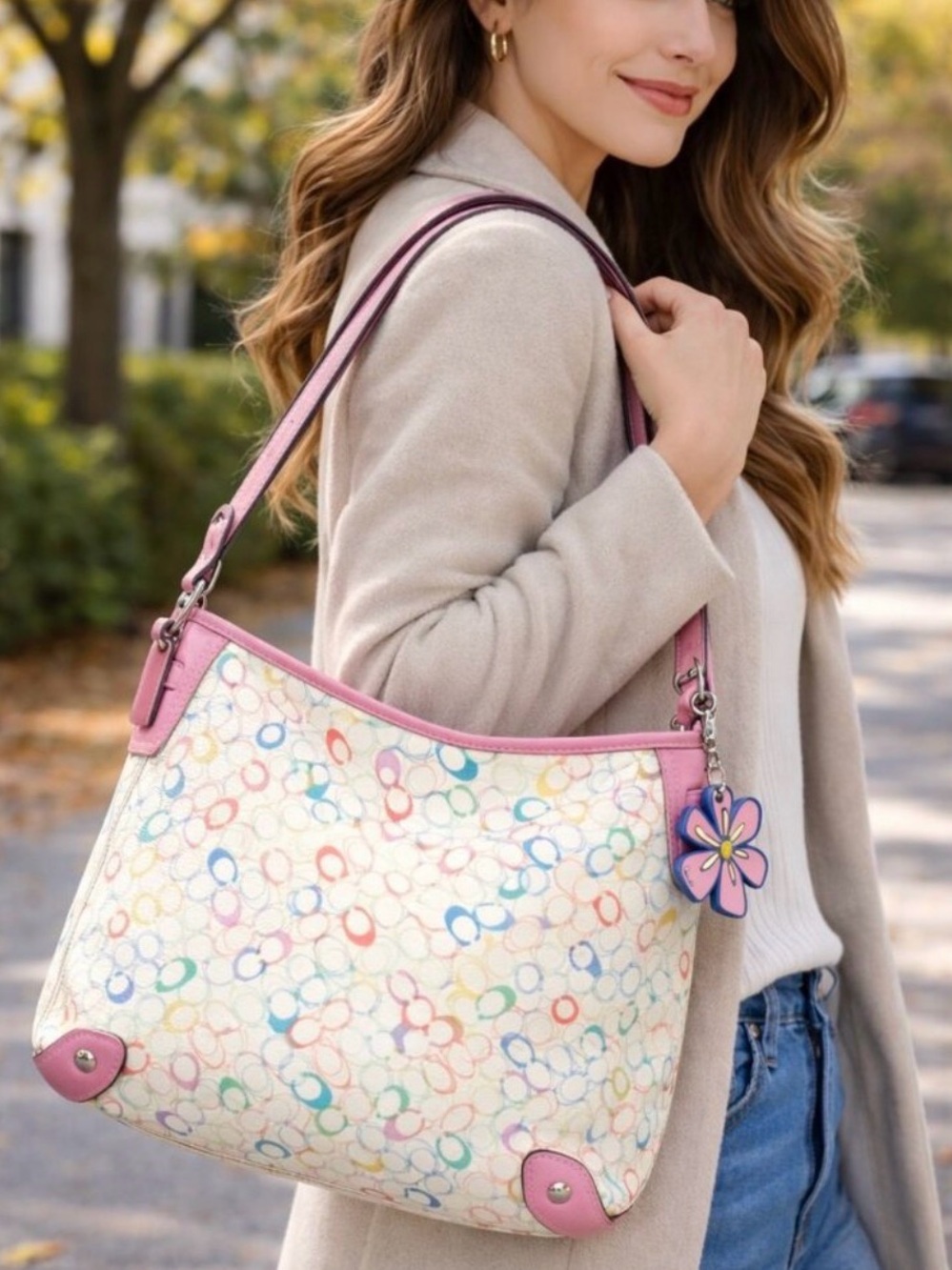 Coach Multicolor Signature Print Shoulder Bag with Pink Trim